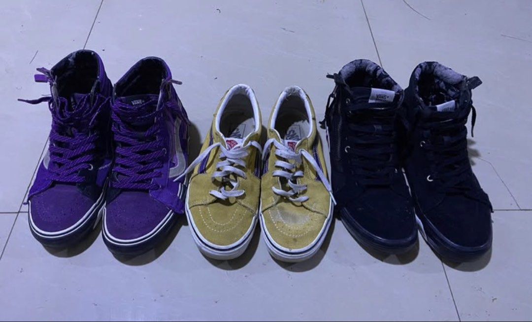 VANS SK8 Hi and Low (Category: Casual Shoes) located in Iligan City. Submitted by pauloemiliodhongs (Listing ID 1460191263, Image 1). Description: Selling my preloved vans all are size 8.5 US men 10 US women Vans Sk8-Hi Reissue CAP 'Violet Indigo/Black’ Vans Sk8-Hi Reissue CAP Black Checkerboard Vans Sk8-Low Honey Gold Purple (Lakers) 850 each +sf but if kunin dalawa 1500 +sf and if tatlo I'll give it for 2250 free sf Please take note that these 