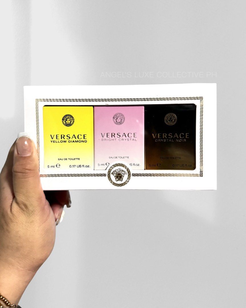 Versace Miniature Perfume Set (Category: Fragrance & Deodorants) located in Pasig City. Submitted by lykaloves (Listing ID 1460303580, Image 1). Description: 𝐕𝐞𝐫𝐬𝐚𝐜𝐞 𝐂𝐫𝐲𝐬𝐭𝐚𝐥 𝐌𝐢𝐧𝐢 𝐓𝐫𝐢𝐨 This Set Contains: - 0.17 oz/ 5 mL Versace Crystal Noir Eau de Parfum - 0.17 oz/ 5 mL Versace Bright Crystal Eau de Parfum - 0.17 oz/ 5 mL Versace Yellow Diamond Eau de Parfum.