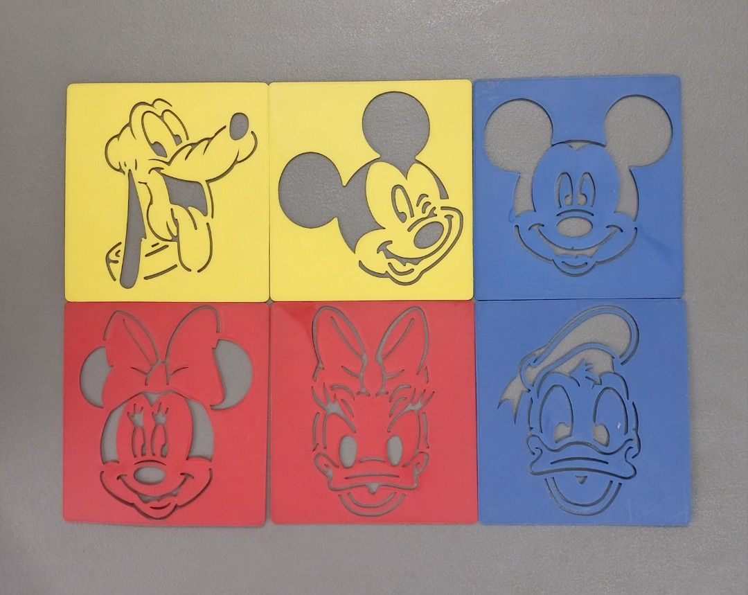 Vintage Disney Character Plastic Tracing Stencils Set (6-Pack) (Category: Art & Prints) located in Bulacan. Submitted by honhonliz (Listing ID 1460131669, Image 2). Description: Condition: Pre-owned / Vintage. The stencils show minor superficial scuffs, tiny scratches, and light storage wear consistent with age and gentle handling, but remain fully functional without any cracks or major warping. Vintage set of six square plastic craft stencils fe
