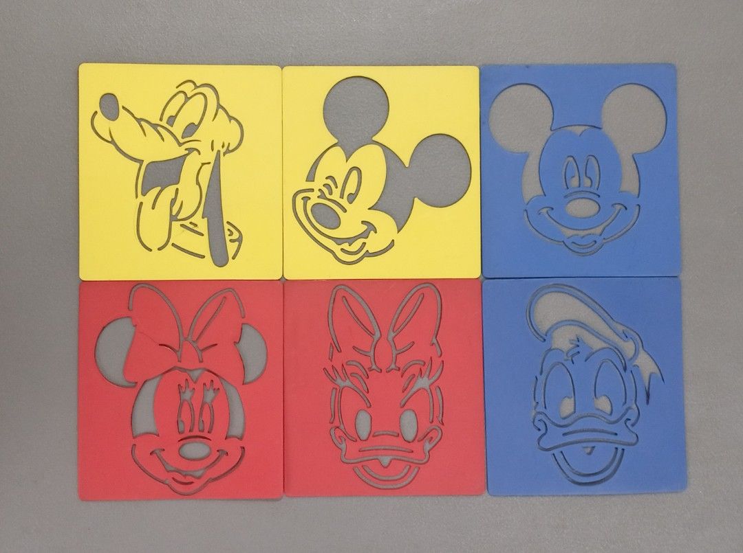 Vintage Disney Character Plastic Tracing Stencils Set (6-Pack) (Category: Art & Prints) located in Bulacan. Submitted by honhonliz (Listing ID 1460131669, Image 1). Description: Condition: Pre-owned / Vintage. The stencils show minor superficial scuffs, tiny scratches, and light storage wear consistent with age and gentle handling, but remain fully functional without any cracks or major warping. Vintage set of six square plastic craft stencils fe