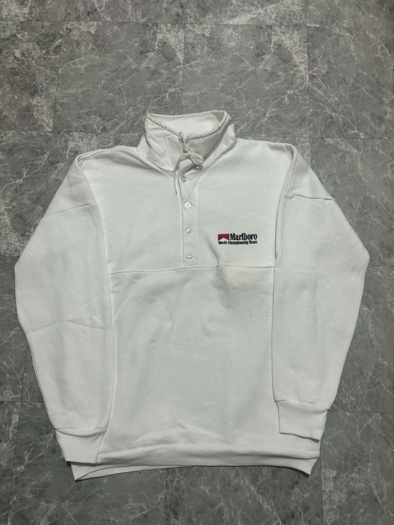 Vintage Marlbor0 World Championship Jacket (Category: Coats, Jackets and Outerwear) located in Baguio. Submitted by chr0m3_h3arts (Listing ID 1460287478, Image 2). Description: Vintage Marlboro World Championship Jacket (KING LOUIE TAG) M on Tag With side pockets Dimes: Width: 21 inches Length: 27 inches Issue: Small Black Stains / Small Tear on Shoulder 🏷700.
