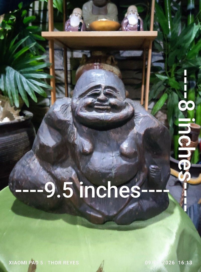 Vintage Solid Wood Hand-Carved Laughing Buddha Statue (Category: Other Home Decor) located in Valenzuela. Submitted by mighthor0526 (Listing ID 1460188051, Image 2). Description: Measurements on photo gallery provided Preloved vintage Japanese item Payment thru Gcash or Abono by Lalamove rider Delivery by rider or shipping will be shouldered by the buyer Pm me if interested .