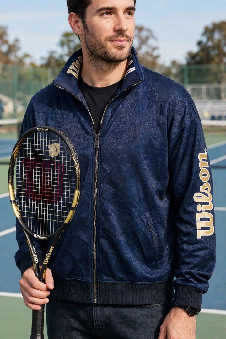 Vintage Wilson Chicago USA Track Jacket (Category: Coats, Jackets and Outerwear) located in San Pedro. Submitted by lifebeginsaftercoff33 (Listing ID 1460207109, Image 1). Description: - Vintage Wilson track jacket - Can be unisex - Navy blue with Big gold embroidered logo (Sleeve) - 'Wilson Chicago U.S.A.' embroidered on collar - Zip-up front with pockets - Blue fabric lining - Ideal for casual wear or sports - Dimes: 25 x 25 in.