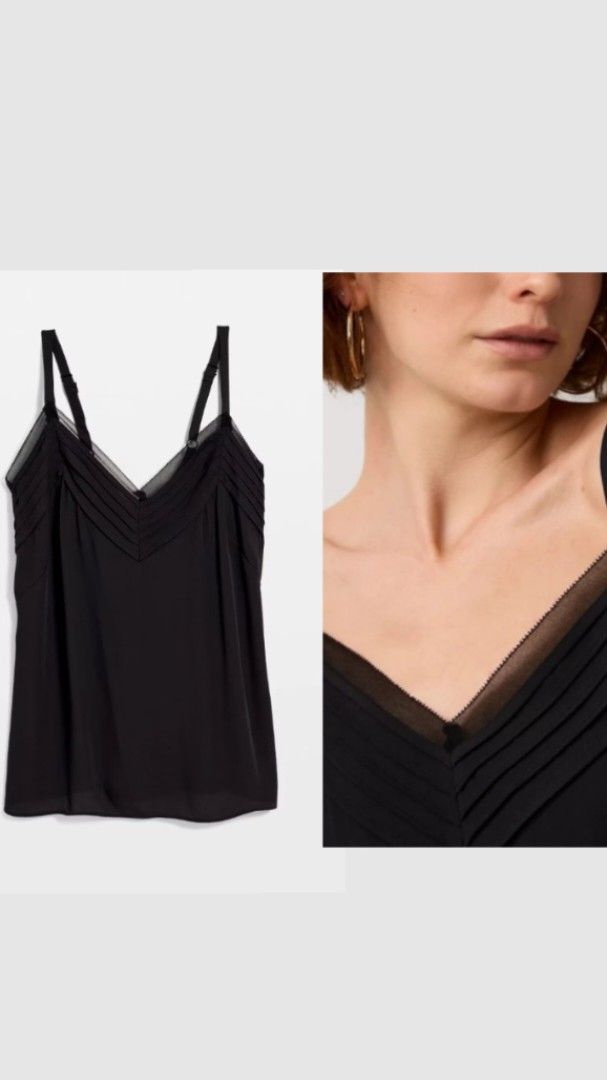 V-Neck Cami with Pleated Mesh Detail (Category: Sleeveless) located in Navotas City. Submitted by ms.soulana (Listing ID 1460154574, Image 1). Description: PreOwned LikeNew lightly Used Womens Vneck Cami Sleek black camisole top - Flattering V-neckline with delicate pleats - Subtle sheer mesh trim - Spaghetti straps for custom fit - Versatile for layering or wearing alone Good Condition 9/10 .