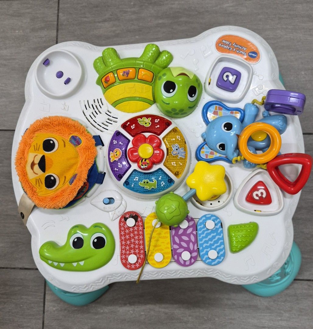 VTech Touch & Explore Activity Table (Category: Infant Playtime) located in Kuala Lumpur. Submitted by me_shopaholic_me (Listing ID 1460285762, Image 2). Description: +VTech Touch & Explore Activity Table +Packed with interactive buttons and toys - Features a xylophone, spinning toy, and animal characters +Great for playtime and exploration +Fully functional with some signs of wear and tear +our kids outgrown of this Activity toy.