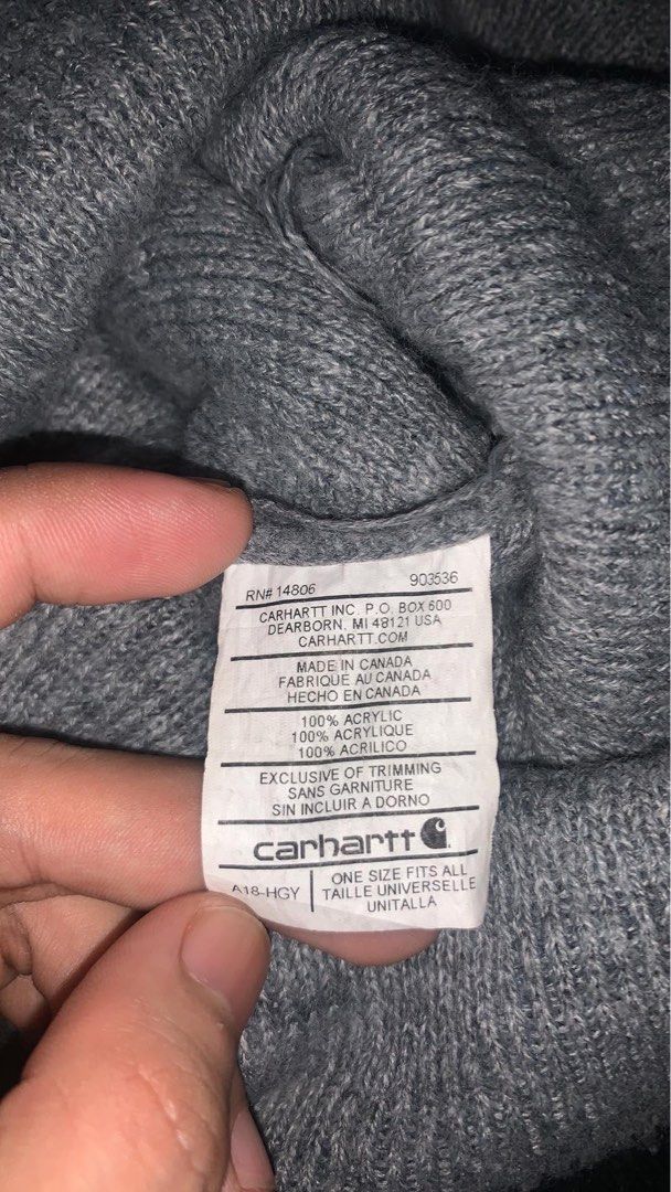 Vtg Carhartt Grey Beanie Hat (Category: Caps & Hats) located in Angeles City. Submitted by kj772c_ (Listing ID 1460137295, Image 3). Description: - Classic Carhartt Beanie - Made in Canada - 100% Acrylic - Color: Grey - One Size Fits All - Perfect for staying warm - Care: Hand wash warm, drip dry (no bleach or ironing).