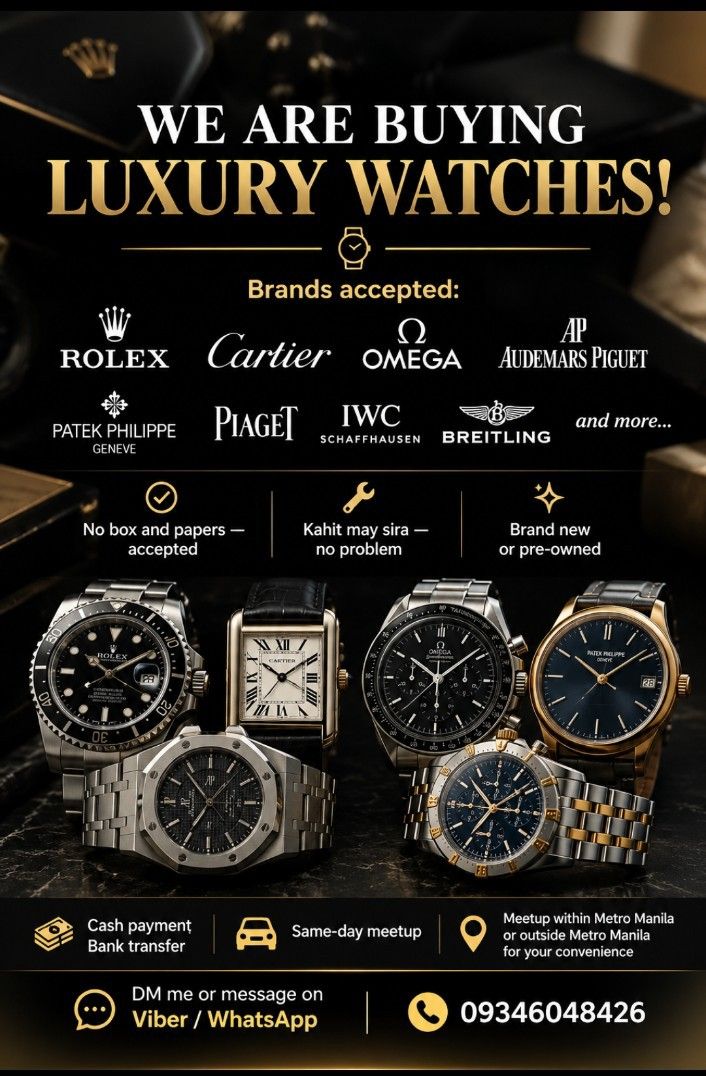 We buy (Category: Announcements) located in Manila. Submitted by webuyluxurywatches (Listing ID 1460128984, Image 1). Description: 𝑳𝑶𝑶𝑲𝑰𝑵𝑮 𝑻𝑶 𝑺𝑬𝑳𝑳 𝒀𝑶𝑼𝑹 𝑳𝑼𝑿𝑼𝑹𝒀 𝑾𝑨𝑻𝑪𝑯? 𝑻𝒖𝒓𝒏 𝒚𝒐𝒖𝒓 𝒕𝒊𝒎𝒆𝒑𝒊𝒆𝒄𝒆 𝒊𝒏𝒕𝒐 𝒄𝒂𝒔𝒉 𝒕𝒐𝒅𝒂𝒚! 𝐆𝐨𝐭 𝐚 𝐥𝐮𝐱𝐮𝐫𝐲 𝐰𝐚𝐭𝐜𝐡 𝐭𝐨 𝐬𝐞𝐥𝐥? 𝐌𝐞𝐬𝐬𝐚𝐠𝐞 𝐮𝐬 𝐭𝐨𝐝𝐚𝐲!⌚💸.