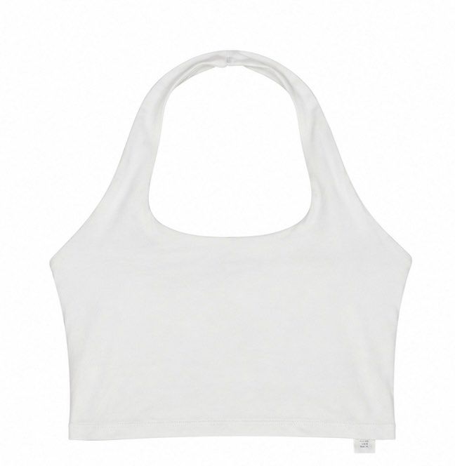 White Halter Workout Crop Top Ruched Back (Category: Sleeveless) located in Manila. Submitted by mika_declutter (Listing ID 1460269345, Image 1). Description: - Basic white halter neck crop top - Features ruched detail at the back - Made with stretchy material for comfort - With pad slots.
