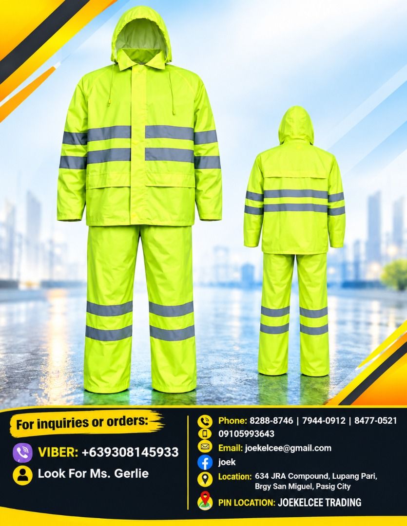 WILLIS RAINCOAT (Category: Coats, Jackets and Outerwear) located in Pasig City. Submitted by gerlie (Listing ID 1460135884, Image 1). Description: WILLIS RAINCOAT PVC COATED HI-VIS JACKET AND TROUSER JACKET *hidden back hood *full front zipper *storm flap with snap button closure *double reflectorized bands PANTS *elastic waistband with reflectorized bands.