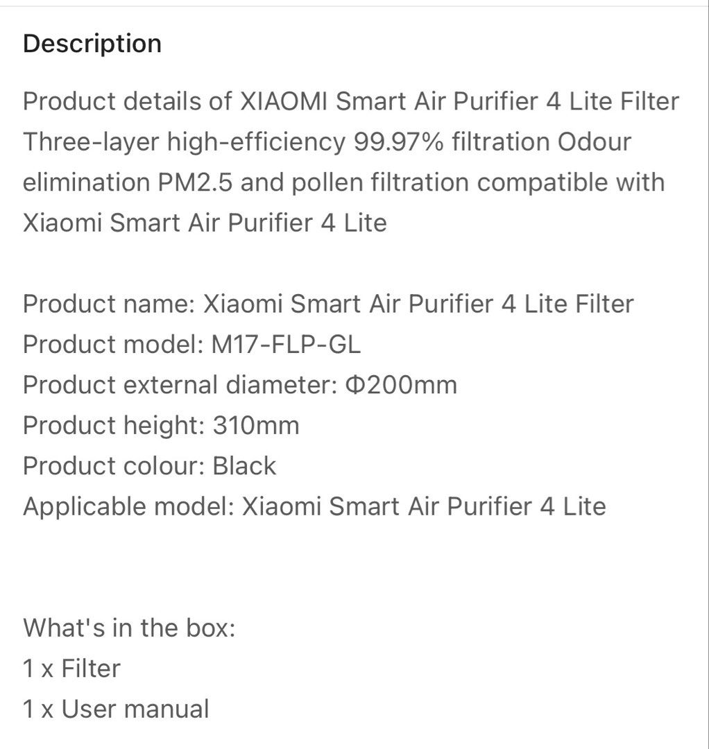Xiaomi Smart Air Purifier 4 Lite Filter M17-FLP-GL (Category: Air Purifiers & Dehumidifiers) located in Dasmarinas. Submitted by legitbeauty08 (Listing ID 1460109099, Image 2). Description: - Replacement filter specifically for Xiaomi Smart Air Purifier 4 Lite. - Powerful all-in-one filter with 3 layers for comprehensive purification. - Achieves a high 99.97% filtration efficiency. - Effectively blocks large particles, eliminates odors, and remov