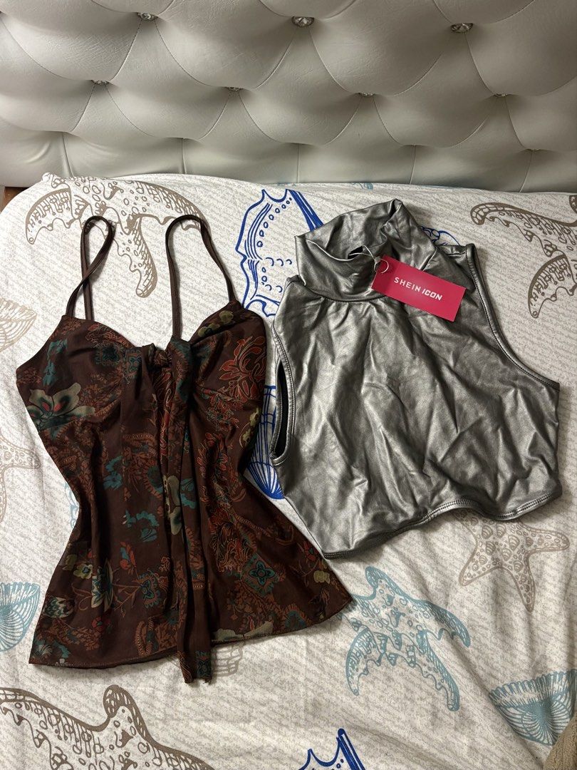 y2k top bundle (Category: Sleeveless) located in Cabanatuan. Submitted by chloe_lla (Listing ID 1460242535, Image 1). Description: Selling as bundle!! Only used the brown top once, and the silver top has never been used (still with tag). Sf will be shouldered by the buyer #y2ktop #vintagetop #aesthetic #aesthetictops #y2k #vintage #shein #sheintops #sheinvintagetop #sheiny2k #y2kshein #vintageshein.