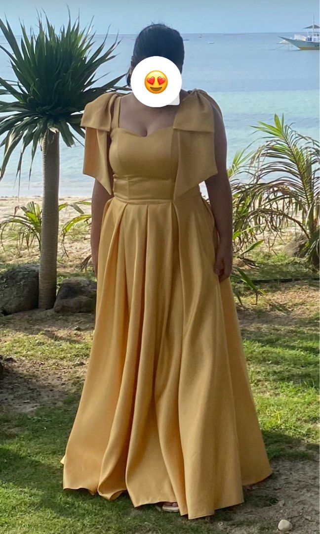 Yellow Formal Gown with Corset Back (Category: Evening dresses & gowns) located in Muntinlupa City. Submitted by marshapb (Listing ID 1460188506, Image 2). Description: Custom-Made Maid of Honor Dress 💛 - Custom-made for: 36” bust, 30” waist, 42” hips, 5’0” height. Wearing 3.5 inches heels on photos. - Sweetheart neckline, A-line, floor-length gown - Dramatic bow detail on shoulders that are detachable - Corset lace-up back closure for a custom 