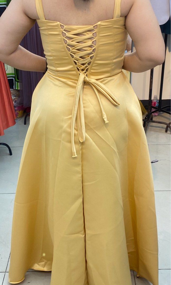 Yellow Formal Gown with Corset Back (Category: Evening dresses & gowns) located in Muntinlupa City. Submitted by marshapb (Listing ID 1460188506, Image 3). Description: Custom-Made Maid of Honor Dress 💛 - Custom-made for: 36” bust, 30” waist, 42” hips, 5’0” height. Wearing 3.5 inches heels on photos. - Sweetheart neckline, A-line, floor-length gown - Dramatic bow detail on shoulders that are detachable - Corset lace-up back closure for a custom 
