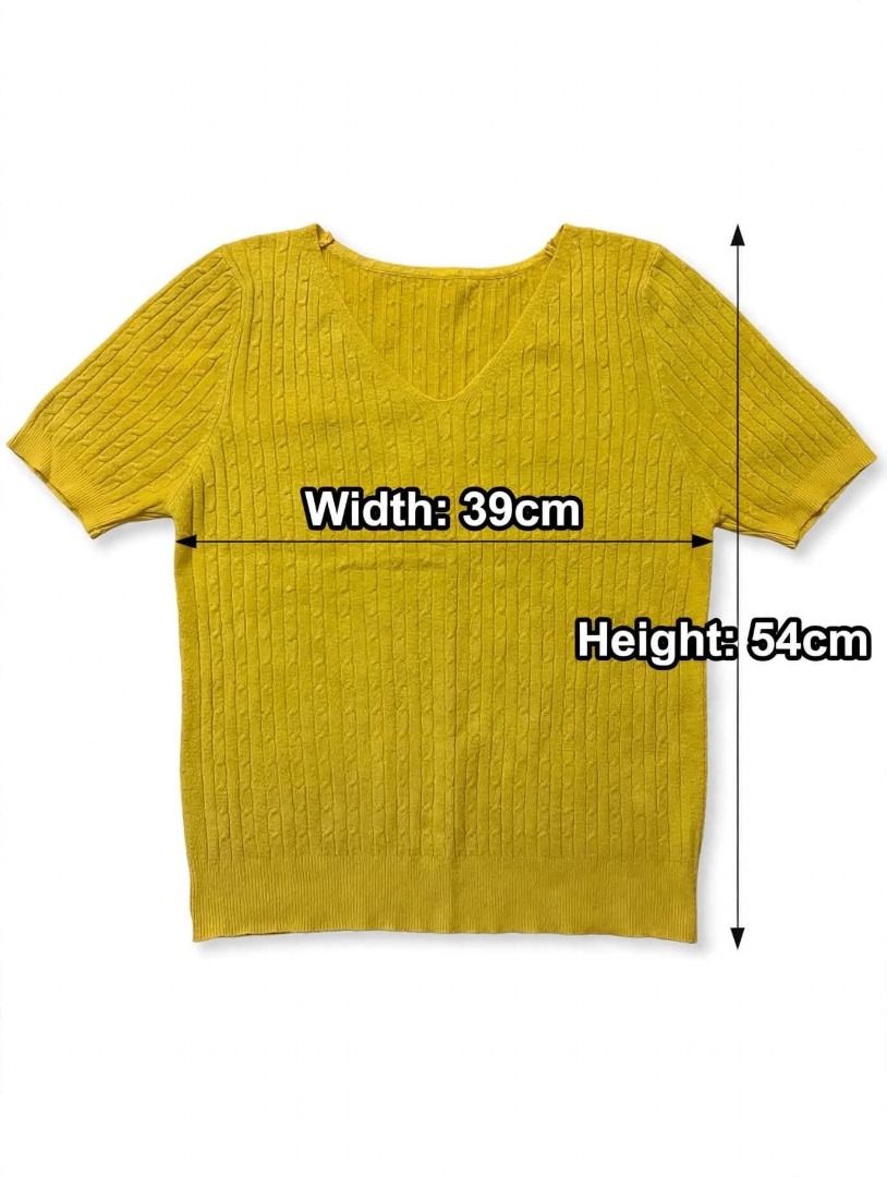 Yellow Knit V-Neck Short Sleeve#24 (Category: Longsleeves) located in Caloocan City. Submitted by outfitloop (Listing ID 1460259559, Image 3). Description: - Classic knit design - Comfortable short sleeves - Flattering V-neckline - Versatile for layering or solo wear - Pairs well with jeans or skirts IMPORTANT: • 1st photo is an AI styling/model preview for reference on how the item may look when worn. • Please refer to the actual photos for the 