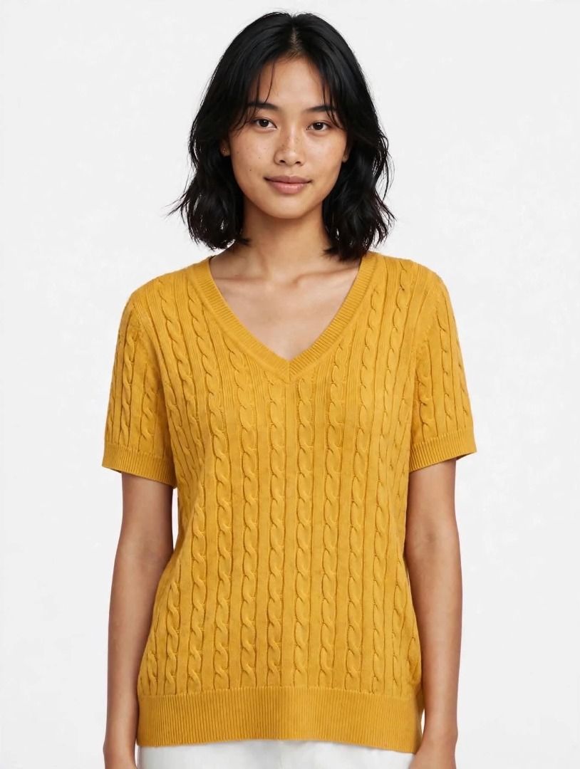Yellow Knit V-Neck Short Sleeve#24 (Category: Longsleeves) located in Caloocan City. Submitted by outfitloop (Listing ID 1460259559, Image 1). Description: - Classic knit design - Comfortable short sleeves - Flattering V-neckline - Versatile for layering or solo wear - Pairs well with jeans or skirts IMPORTANT: • 1st photo is an AI styling/model preview for reference on how the item may look when worn. • Please refer to the actual photos for the 