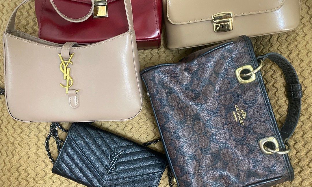 YSL Coach Bags (Category: Shoulder Bags) located in Manila. Submitted by bright-earth (Listing ID 1460148394, Image 2). Description: -YSL Cassandre Chain Envelope Wallet/Sling (₱1000) -YSL taupe hobo bag (₱700) -Coach satchel bag (₱300) -2 extra no-brand bags freebies ***Please see other pics for flaws ***Open to slight nego Take all for ₱1,750.