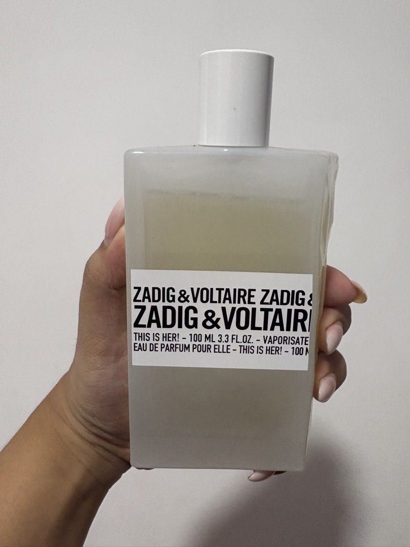 Zadig & Voltaire This Is Her! Eau de Parfum 100ml (Category: Fragrance & Deodorants) located in Manila. Submitted by sellingextrasonly (Listing ID 1460126669, Image 1). Description: - Zadig & Voltaire This Is Her! Eau de Parfum - For her - 100ml bottle (3.3 fl. oz.) 90% full.