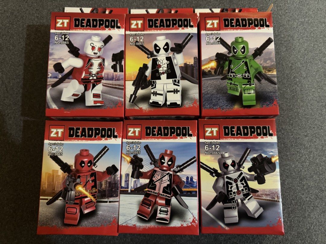 ZT Deadpool Blocks (Set of 6) (Category: Lego & Building Sets) located in Pasay City. Submitted by Bud09 (Listing ID 1460156590, Image 1). Description: - Set of 6 ZT Deadpool building block figures. - Each box has a unique Deadpool design. - Ideal for Deadpool fans and collectors. - Recommended for ages 6-12. - Collect the entire set!.
