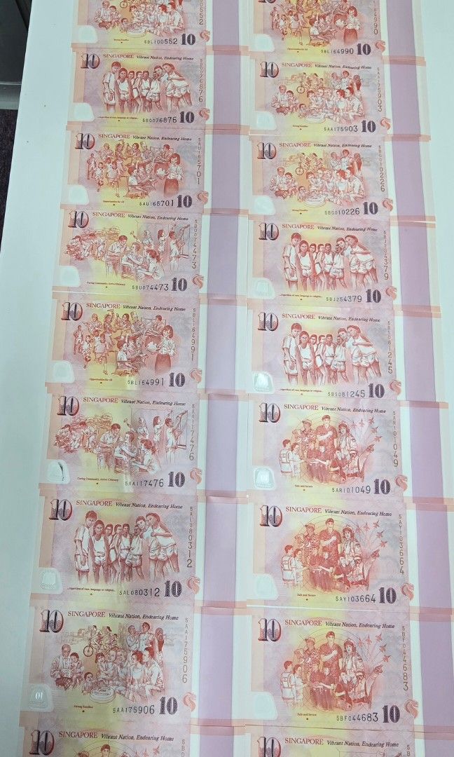 $10 notes (Category: Currency) located in Singapore. Submitted by tansanmyeng (Listing ID 1460441446, Image 1). Description: selling $10 notes selling for $11 each new in a good condition can collect anyday at the shop.