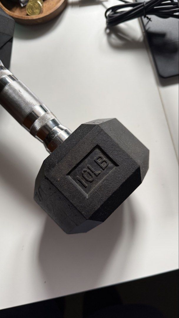 10lb Hex Dumbbells (Pair) (Category: Weights & Dumbbells) located in Bacoor. Submitted by louiedonato (Listing ID 1460464131, Image 2). Description: - Pair of 10lb Hex Dumbbells - Rubber-coated heads for floor protection and durability - Chrome handles with knurling for enhanced grip - Selling due to equipment upgrade.