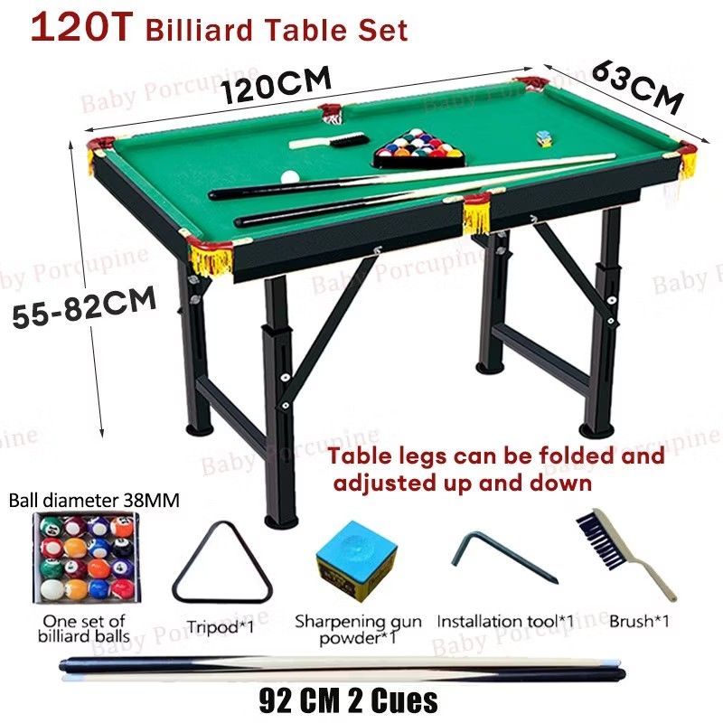 120T Billiard Table Set with Accessories (Category: Billiards and Bowling) located in Pasay City. Submitted by stitch_se11er (Listing ID 1460445341, Image 1). Description: - 120cm x 63cm Billiard Table Set - Adjustable Height: 55cm - 82cm - Foldable Legs for easy storage - Includes: 38mm billiard balls, 2 x 92cm cues, tripod, sharpening powder, brush - Ideal for home entertainment.