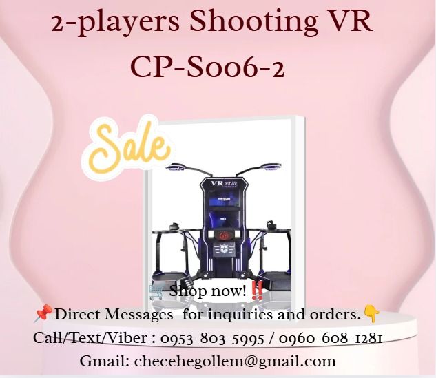2-players Shooting VR CP-S006-2 (Category: Virtual Reality) located in Lapu Lapu. Submitted by purebird.d6b6a1 (Listing ID 1460382700, Image 1). Description: ●Model NO.:CP-S006-2 ●Size:120*300*250cm ●Power: 1000W ●Weight: 180KG ●Player:2 Player .