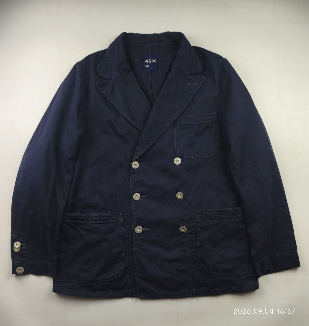 45rpm double breasted blazer jacket (Category: Coats, Jackets and Outerwear) located in Manila. Submitted by corner_finds (Listing ID 1460363288, Image 1). Description: size 2 on tag pit to pit 20' length 28' shoulders 15.5' sleeve length 24' multiple pockets color navy 9/10 condition or better no flaws can send more photos upon request 3499+sf dm.