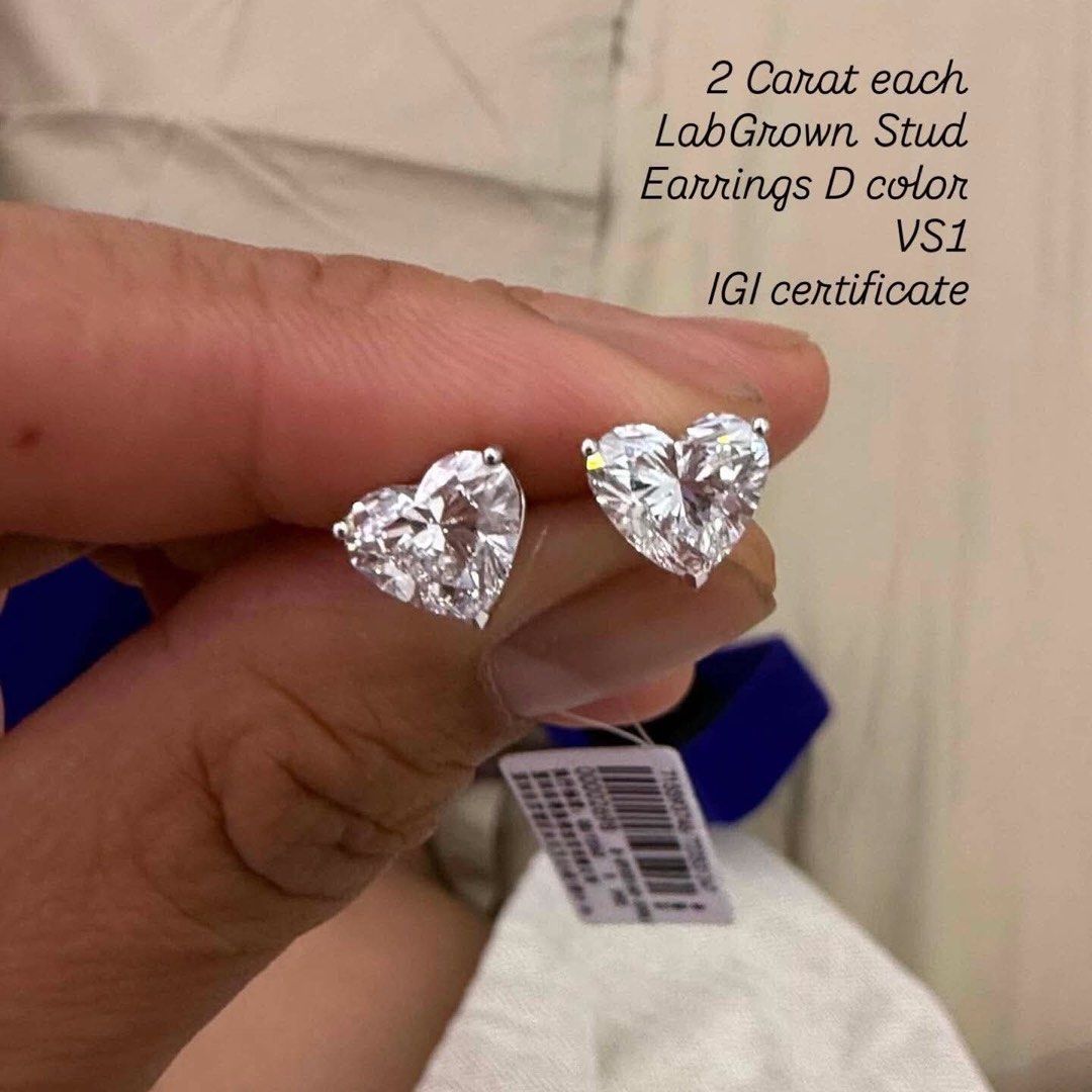 4 Carat Heart Shape Lab Grown Diamond Stud Earrings D VS1 (Category: Earrings) located in Pasay City. Submitted by watch.authentic_ph (Listing ID 1460500103, Image 1). Description: - Heart shape lab-grown diamond stud earrings K18 WG - Each diamond is 2 carats (total 4 carats) - D Color (colorless) - VS1 Clarity (very slightly included) - Comes with IGI Certificate - Exceptional sparkle and brilliance - Perfect for daily wear or special events.