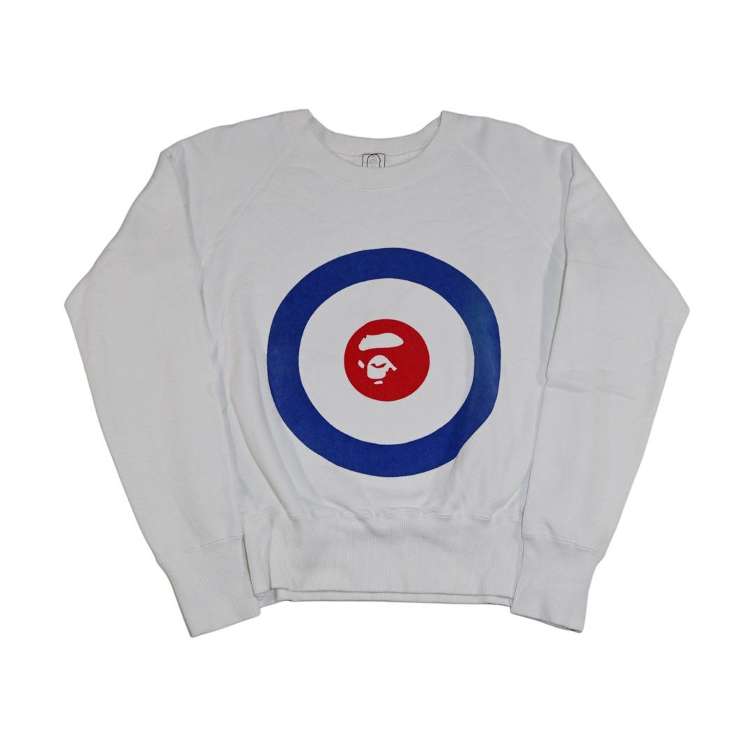 90s A Bathing Ape Target Print Sweatshirt (Category: Hoodies) located in Quezon City. Submitted by jwinprince (Listing ID 1460500318, Image 1). Description: 90s A Bathing Ape Target Print Sweatshirt Size: M Length: 23 Width: 21.5 Fabric shows light overall wear consistent with age. Print remains slightly faded observed. Released during BAPE’s early Harajuku years, when bold military iconography graphics defined the brand’s identity..