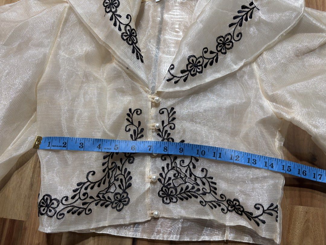 🤍 Embroidered Filipiniana Blouse | Small–Medium (Category: Blouses) located in Manila. Submitted by cutesybysdc (Listing ID 1460413907, Image 3). Description: Elegant Filipiniana-inspired blouse featuring beautiful black floral embroidery, sheer textured fabric, and delicate pearl-style buttons. Perfect for school events, office occasions, & any cultural celebrations. ✨ Details: * Size: Small–Medium frame * Color: Off-white/Cream with black embr