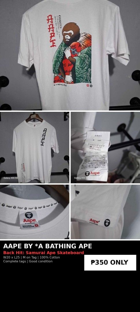 AAPE BY *A BATHING APE Samurai Ape Skateboard Tee (Category: Tshirts & Polo Shirts ) located in Manila. Submitted by johndyatie38940 (Listing ID 1460418361, Image 1). Description: - Brand: AAPE BY *A BATHING APE - Color: White - Graphic: 'Samurai Ape Skateboard' on back - Size: M (on tag) - Material: 100% Cotton - Condition: Good, comes with complete tags.