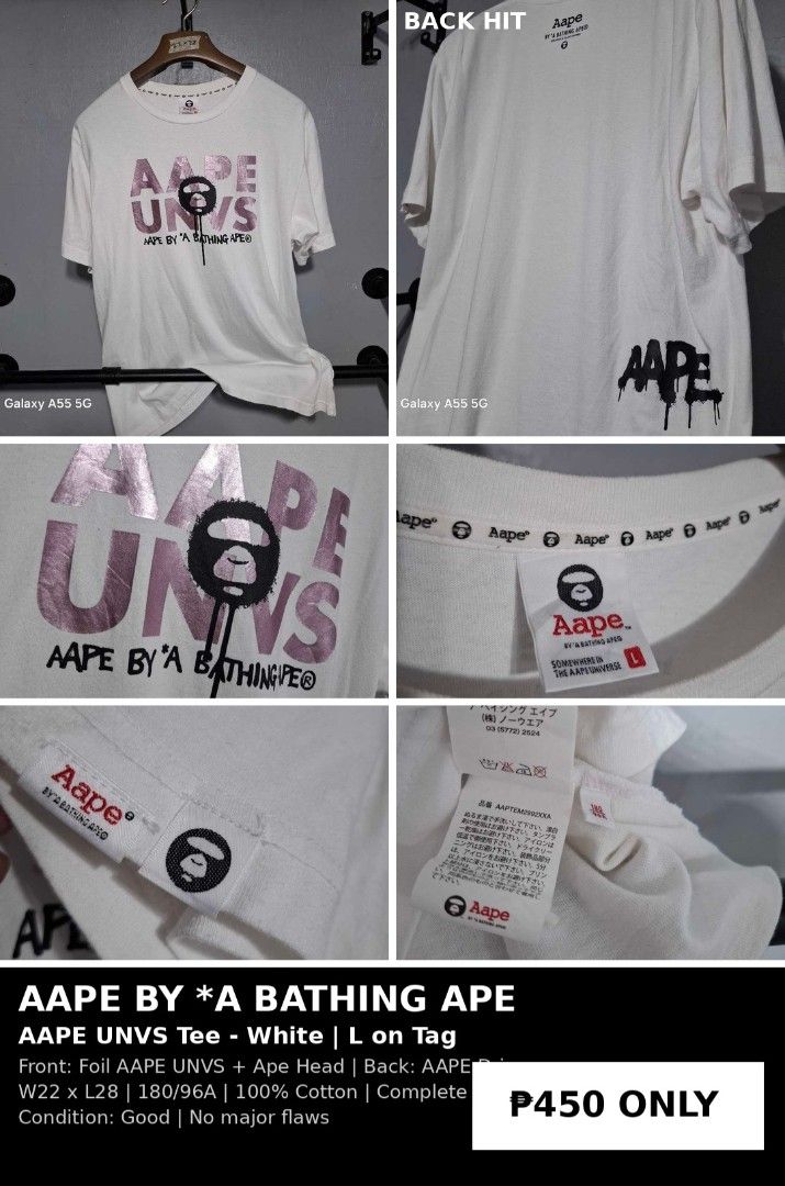 AAPE BY *A BATHING APE UNVS Tee White L (Category: Tshirts & Polo Shirts ) located in Manila. Submitted by johndyatie38940 (Listing ID 1460412306, Image 1). Description: - White AAPE UNVS T-shirt - Foil print and Ape Head graphic on front - AAPE logo on back - 100% Cotton - Tagged Size: L - Measurements: Width 22 inches, Length 28 inches - Condition: Good, no major flaws.