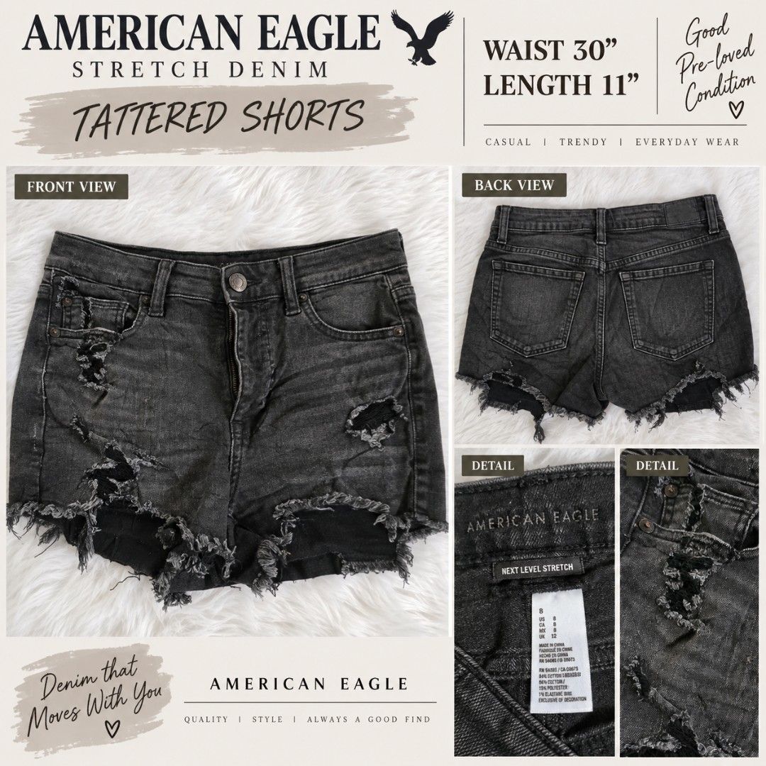 American Eagle Distressed Next Level Stretch Denim Shorts Size 30 (Category: Shorts) located in Taguig. Submitted by thebrandedrackph (Listing ID 1460335469, Image 1). Description: These American Eagle distressed denim shorts offer a blend of rugged style and modern comfort. Featuring the brand's 'Next Level Stretch' technology, they provide exceptional flexibility while maintaining a classic denim aesthetic. The charcoal black wash is heavily di