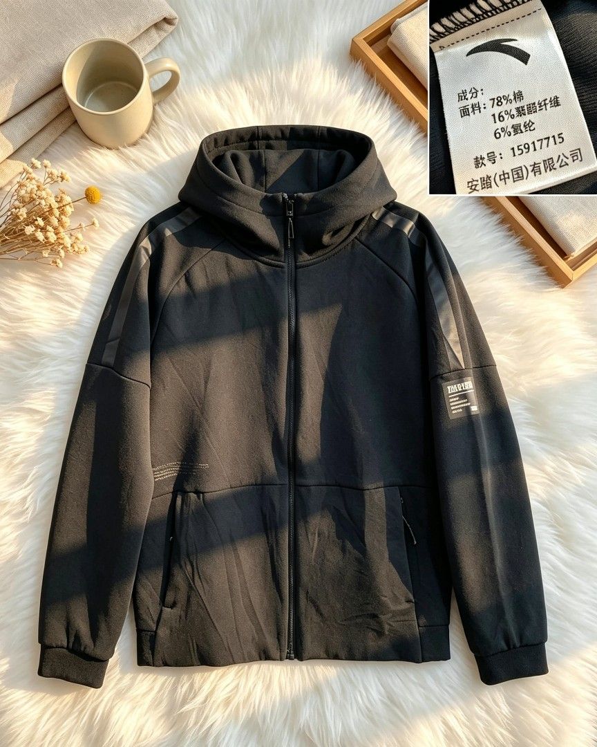Anta Black Zip-Up Hoodie (Category: Coats, Jackets and Outerwear) located in Manila. Submitted by momofunodos (Listing ID 1460445697, Image 1). Description: - Black Anta zip-up hoodie - Material: 78% Cotton, 16% Polyester, 6% Spandex - Features: Full zip closure, pockets - Design: Subtle stripe details on sleeves, small logo patch - Style: Comfortable and casual NOTE: BUY AT YOUR OWN RISK UKAY PO ETO KAU N BAHALA MG LEGIT ✅.
