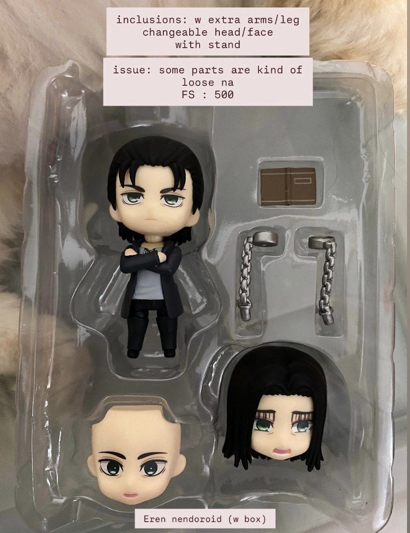 AOT/JJK/HAIKYUU figures (Category: Figurines & Statues) located in Quezon City. Submitted by ra1diance (Listing ID 1460475176, Image 1). Description: Eren Jaeger (Nendoroid) - 500 w complete accessories Gojo Satoru - 100 with glasses Kenma - 100 Take all for 670 fixed QC LOC Mop : Gcash can do jnt and lalamove .
