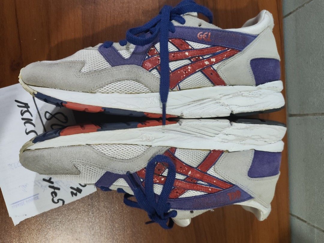 Asics Gel Lyte V Sneakers Size 10.5 (Category: Sneakers) located in Cavite. Submitted by avbcortes (Listing ID 1460309930, Image 3). Description: - Asics Gel Lyte V sneakers - Size: 10.5 - Colorway: White, Grey, Purple, Red - Laces: Blue - Condition: Shows some wear on soles and uppers, but plenty of life left. - Ideal for: Casual wear.