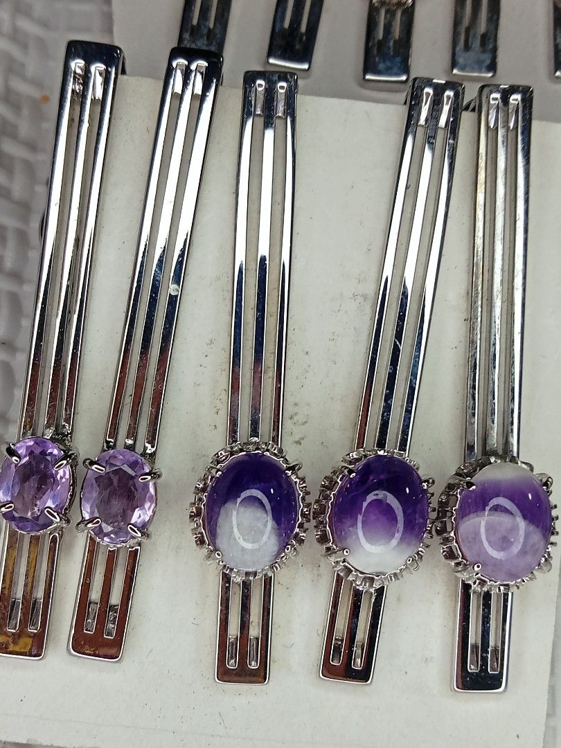Assorted Gemstone Tie Clips - Silver Tone (Category: Hair Accessories) located in Davao. Submitted by kimpoycaye62726 (Listing ID 1460485769, Image 3). Description: - Assorted tie clips with lovely gemstone details. - Features purple Amethyst, blue opal, and smokey Quartz gemstones. - Secured with durable silver-tone metal clasps. - Some clips include elegant chain accents. - Perfect for adding a stylish touch to any outfit. - All items are in go