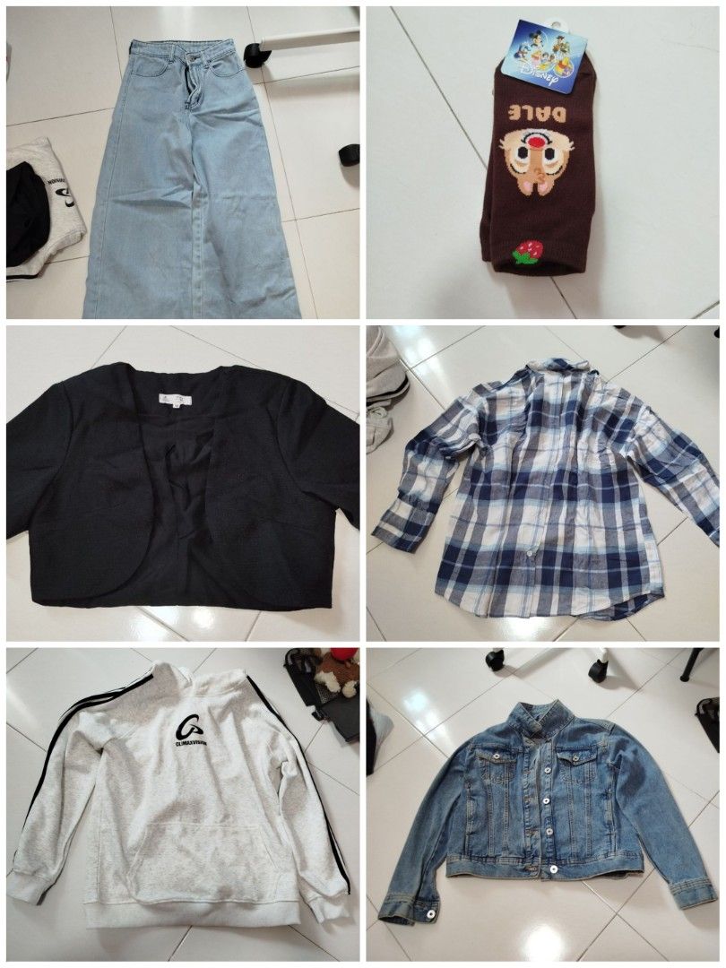 Assorted Jackets (Category: Coats, Jackets and Outerwear) located in Singapore. Submitted by soleumhyn (Listing ID 1460394849, Image 1). Description: all should be M size, are either brought online, thrifted, or from other stores have either worn once or twice and washed, or brand new pic 1 light blue wide jeans $8 pic 2 Disney dale ankle sock size 7 $2 pic 3 fornal dress jacket $10 pic 4 pleated shirt-jacket $5 pic 5 street wear hoodie $15 pic 6