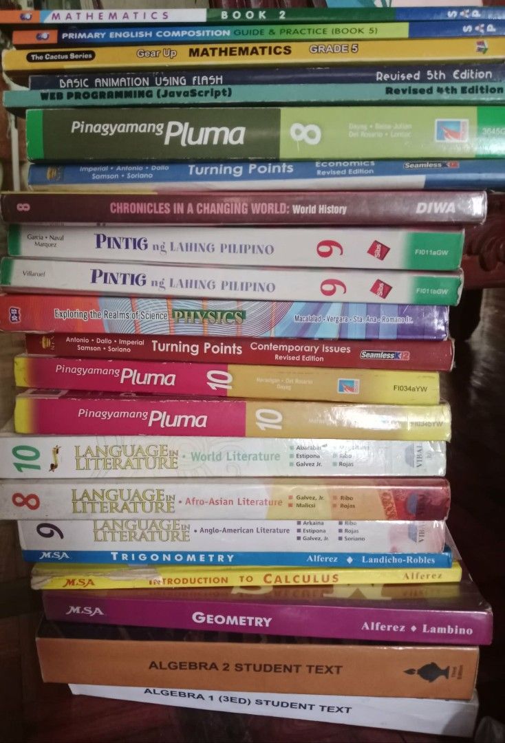 Assorted TextBooks (Category: Textbooks) located in Muntinlupa City. Submitted by pick.a.buks (Listing ID 1460414931, Image 1). Description: 100 each, except language literature and algebra books 150 each..