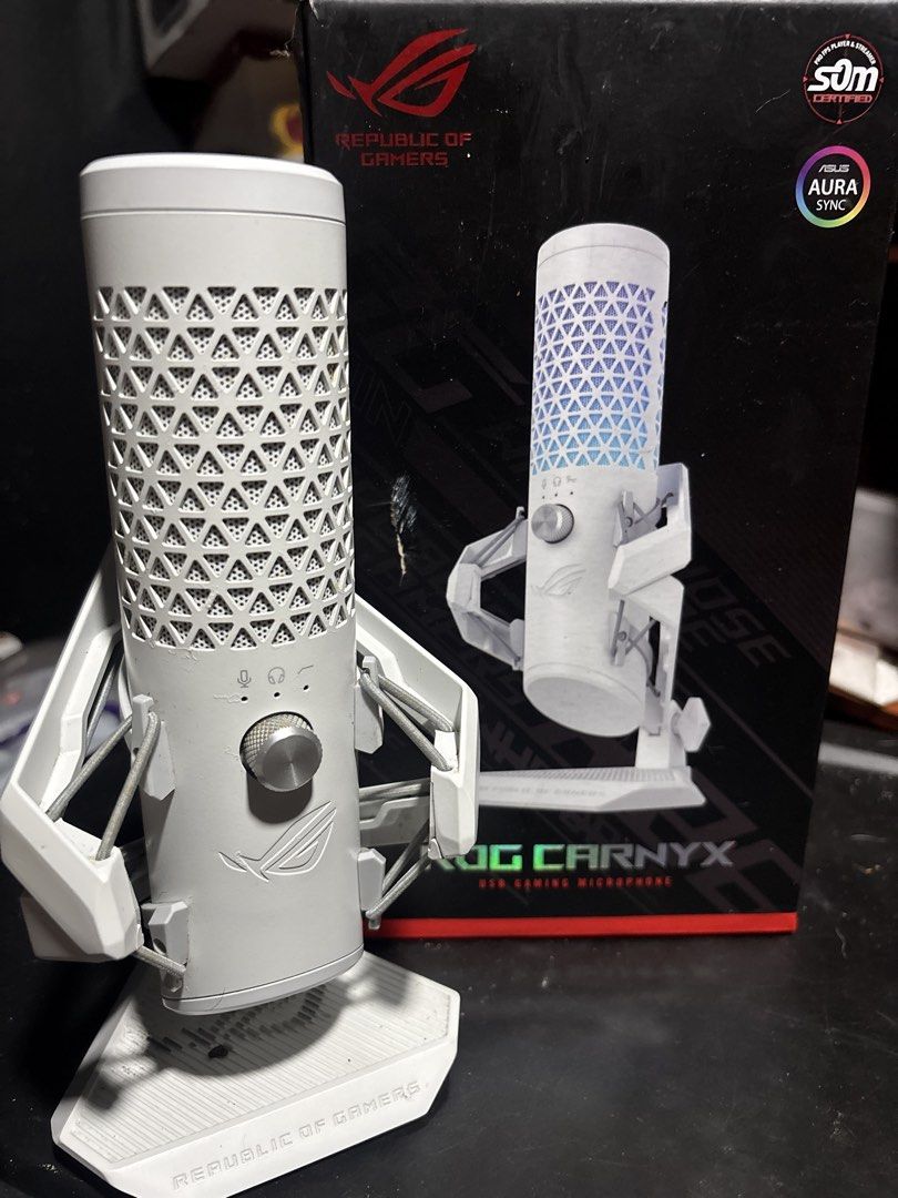 Asus ROG Caryx Gaming Microphone (White) (Category: Other Accessories) located in Marikina City. Submitted by PrelovedByLuna (Listing ID 1460310881, Image 1). Description: ‼️READ CAREFULLY‼️ ASUS ROG Carnyx White (Cardiod Condenser Gaming Microphone) -works properly (DM to see testing vid - I’d have to get your messenger acct for this kasi di makakasend dito sa carousell) -as for the lights, idk. I tested earlier pero di siya umiilaw ng RGB -nois