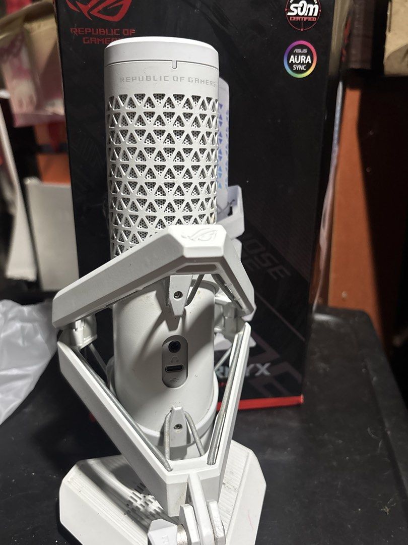 Asus ROG Caryx Gaming Microphone (White) (Category: Other Accessories) located in Marikina City. Submitted by PrelovedByLuna (Listing ID 1460310881, Image 2). Description: ‼️READ CAREFULLY‼️ ASUS ROG Carnyx White (Cardiod Condenser Gaming Microphone) -works properly (DM to see testing vid - I’d have to get your messenger acct for this kasi di makakasend dito sa carousell) -as for the lights, idk. I tested earlier pero di siya umiilaw ng RGB -nois