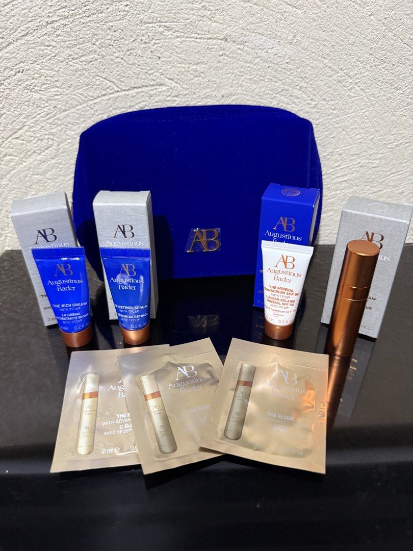 Augustinus Bader Skincare Set with Pouch (Category: Face Care) located in Paranaque City. Submitted by christinashoppe (Listing ID 1460434455, Image 1). Description: - Augustinus Bader Skincare Set - Includes: The Rich Cream, Retinol Serum, Mineral Sunscreen SPF 50 - Bonus: The Elixir samples - Comes with a blue velvet pouch - Ideal for trying out popular Augustinus Bader products.
