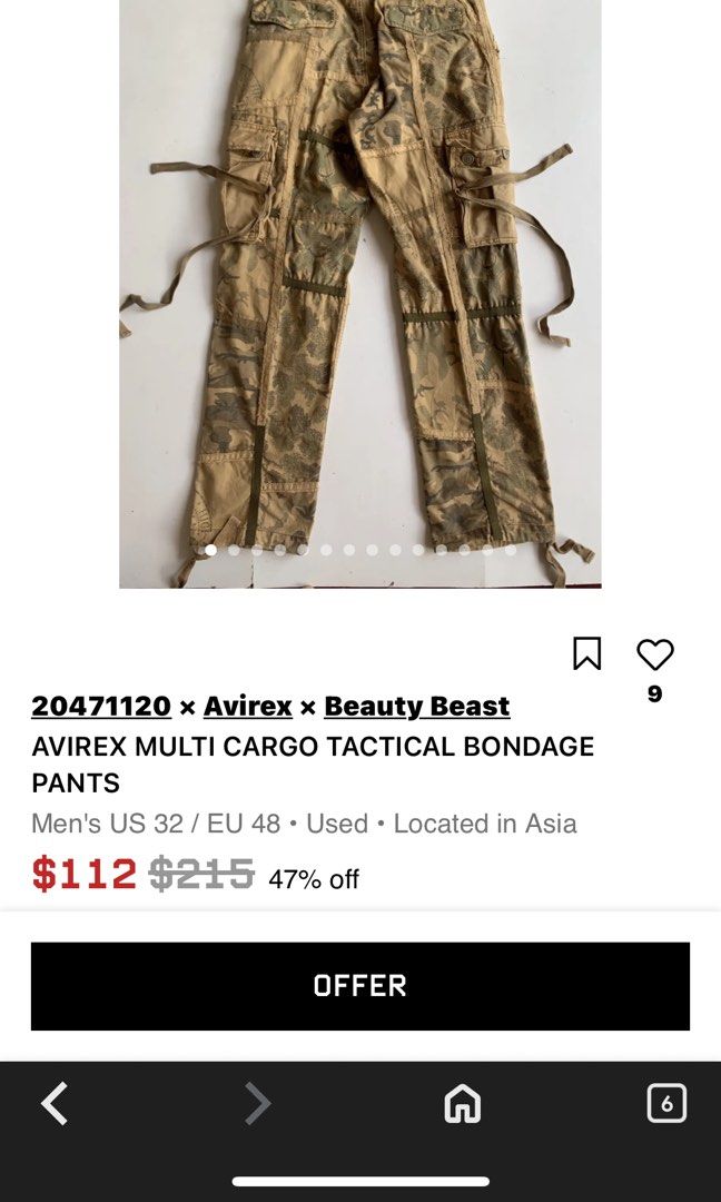 AVIREX MULTI CARGO TACTICAL BONDAGE PANTS (Category: Joggers) located in Quezon City. Submitted by jwinprince (Listing ID 1460502895, Image 3). Description: AVIREX MULTI CARGO TACTICAL BONDAGE PANTS Size: 28 Length: 40 Width: 17.5 Leg Opening: 7.5 Condition A tactical cargo design featuring multiple utility pockets, bondage straps, and camouflage paneling, reflecting Avirex’s rugged military inspired streetwear aesthetic..