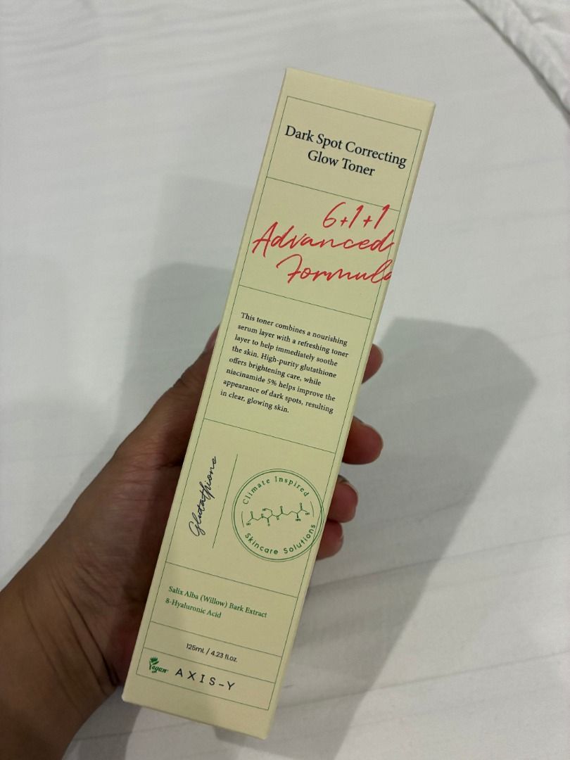 Axis-Y Dark Spot Correcting Glow Toner 155ml (Category: Face Care) located in Bulacan. Submitted by beauteboxph (Listing ID 1460331125, Image 1). Description: - Axis-Y Dark Spot Correcting Glow Toner - Advanced formula with 6+1+1 ingredients - Effectively improves the appearance of dark spots - Evens out skin tone for a clearer complexion - Leaves skin looking radiant and glowing - Key ingredients: Salix Alba (Willow) Bark Extract & Hyaluronic Ac