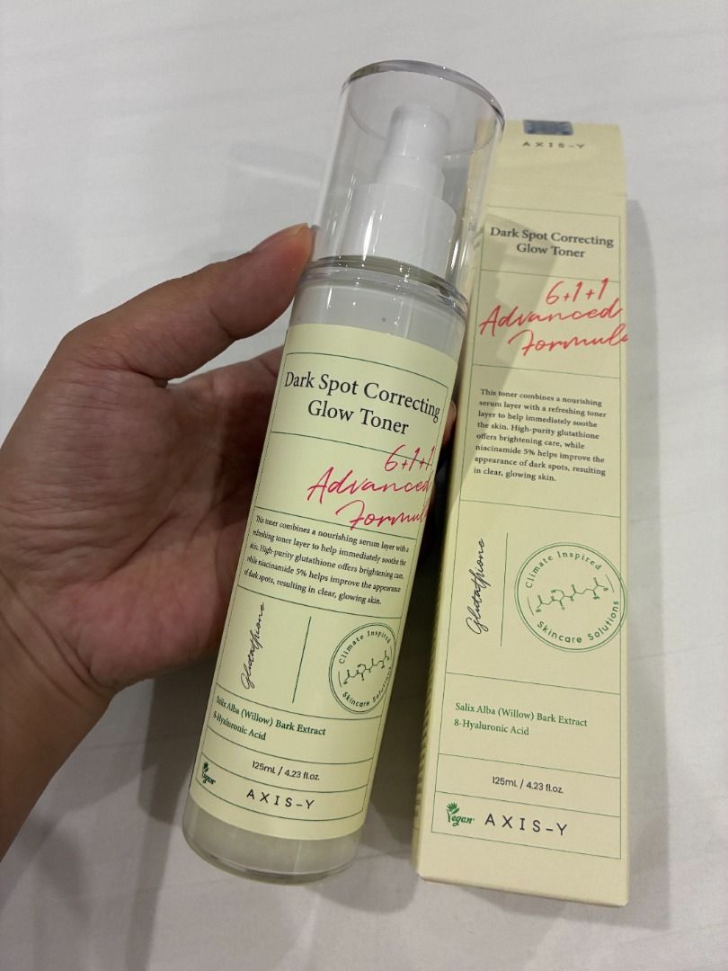 Axis-Y Dark Spot Correcting Glow Toner 155ml (Category: Face Care) located in Bulacan. Submitted by beauteboxph (Listing ID 1460331125, Image 3). Description: - Axis-Y Dark Spot Correcting Glow Toner - Advanced formula with 6+1+1 ingredients - Effectively improves the appearance of dark spots - Evens out skin tone for a clearer complexion - Leaves skin looking radiant and glowing - Key ingredients: Salix Alba (Willow) Bark Extract & Hyaluronic Ac