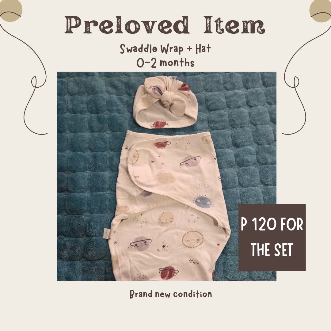 Baby Swaddle Wrap and Hat Set 0-2 Months (Category: Babies & Kids Fashion) located in Quezon City. Submitted by ef34604d62a2c92c2e0351f9422bf1 (Listing ID 1460463937, Image 1). Description: - Adorable swaddle wrap and hat set for babies 0-2 months old. - Features a fun planet and star pattern. - Perfect for keeping your little one cozy and snug. - Ideal for newborns. - Selling for P120..