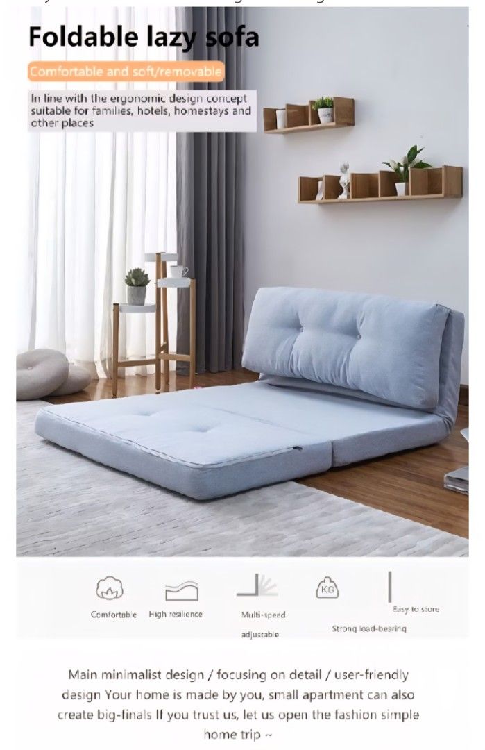 BAIERDI Foldable Lazy Sofa Bed Tatami (Category: Sofas) located in Cavite. Submitted by hellovph2043330 (Listing ID 1460335968, Image 3). Description: - Versatile: Use as a comfortable sofa or a cozy bed. - Space-saving: Folds easily for convenient storage, ideal for small S apartments or guest rooms. - Comfortable: Soft and plush for ultimate relaxation. - Includes: Comes with two small pillows for added comfort. Size 185x120x35cm Dark grey 2 th
