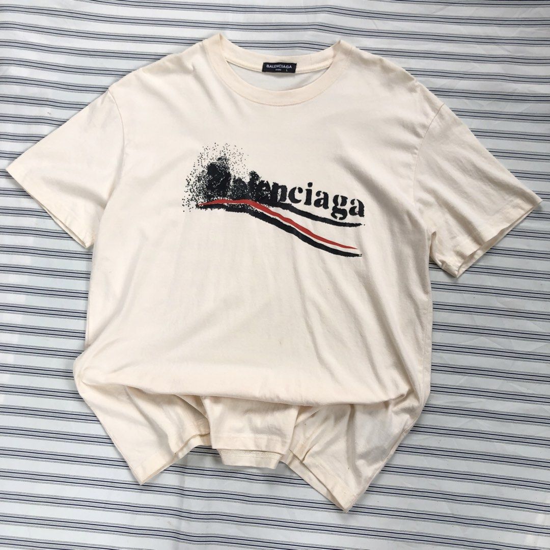 BALENCIAGA POLITICAL STENCIL (Category: Tshirts & Polo Shirts ) located in Dagupan City. Submitted by gabthriftfinds (Listing ID 1460484762, Image 1). Description: B*LENCIAGA POLITICAL STENCIL ₱450+sf🏷️ (FIRST TO PAY BASIS‼️) • No issue on print✅ • Dimension: Width: 22 | Lenght: 28 • Condition: excellent • Color rate: 9.5/10 • Flaws/Issue: rewash 📌 I am not affiliated with any brand mentioned. The registered trademark solely belongs to the righ