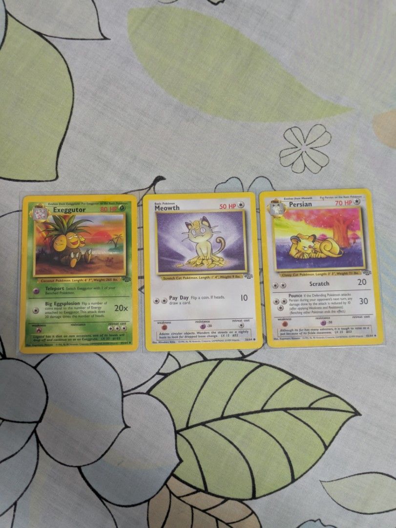 Base Set - Jungle / Vintage Cards (Category: Raw Singles) located in Muntinlupa City. Submitted by pfibhionlineshop (Listing ID 1460431240, Image 1). Description: MP-HP Cards. Exeggcutor - 100 Meowth - 75 Persian - 75 200 if take all. Card conditions are already provided in the photos..