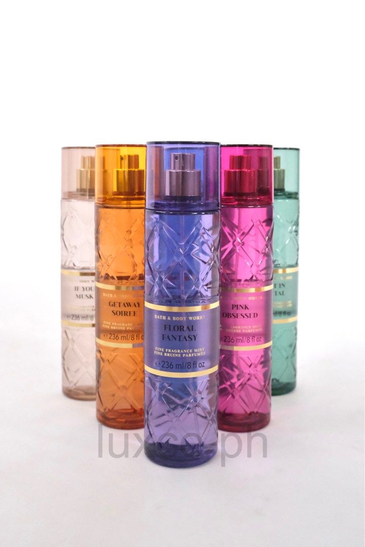 Authentic BBW Bath & Body Works Fragrance Mist (Category: Fragrance & Deodorants) located in Manila. Submitted by luxce.ph (Listing ID 1460499486, Image 3). Description: Fresh picks! Bath & Body Works body mists in various scents! GUARANTEED 100% AUTHENTIC. Bought from the US 400 pesos each Available scents: Getaway Soiree Floral Fantasy Pink Obsessed If You Musk Lost In Santal On The Horizon Vanilla Bean Noel - Each bottle is 236 ml / 8 fl oz - 